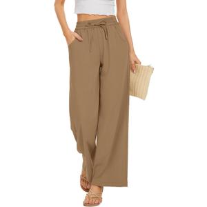 KICZOY Women Flowy Pants Drawstring Waist Wide Leg Palazzo Beach Pants Loose Fit with Pockets (Beige, XS)