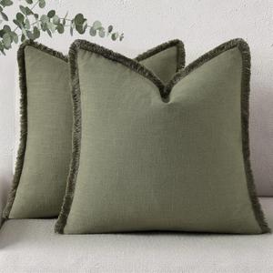 decorUhome Summer Decorative Neutral Linen Fringe Euro Sham Throw Pillow Covers Set of 2 Olive Green Pillow Covers with Tassels Soft Farmhouse Boho Accent Pillow Cases for Couch Bed Sofa 22x22 Inch