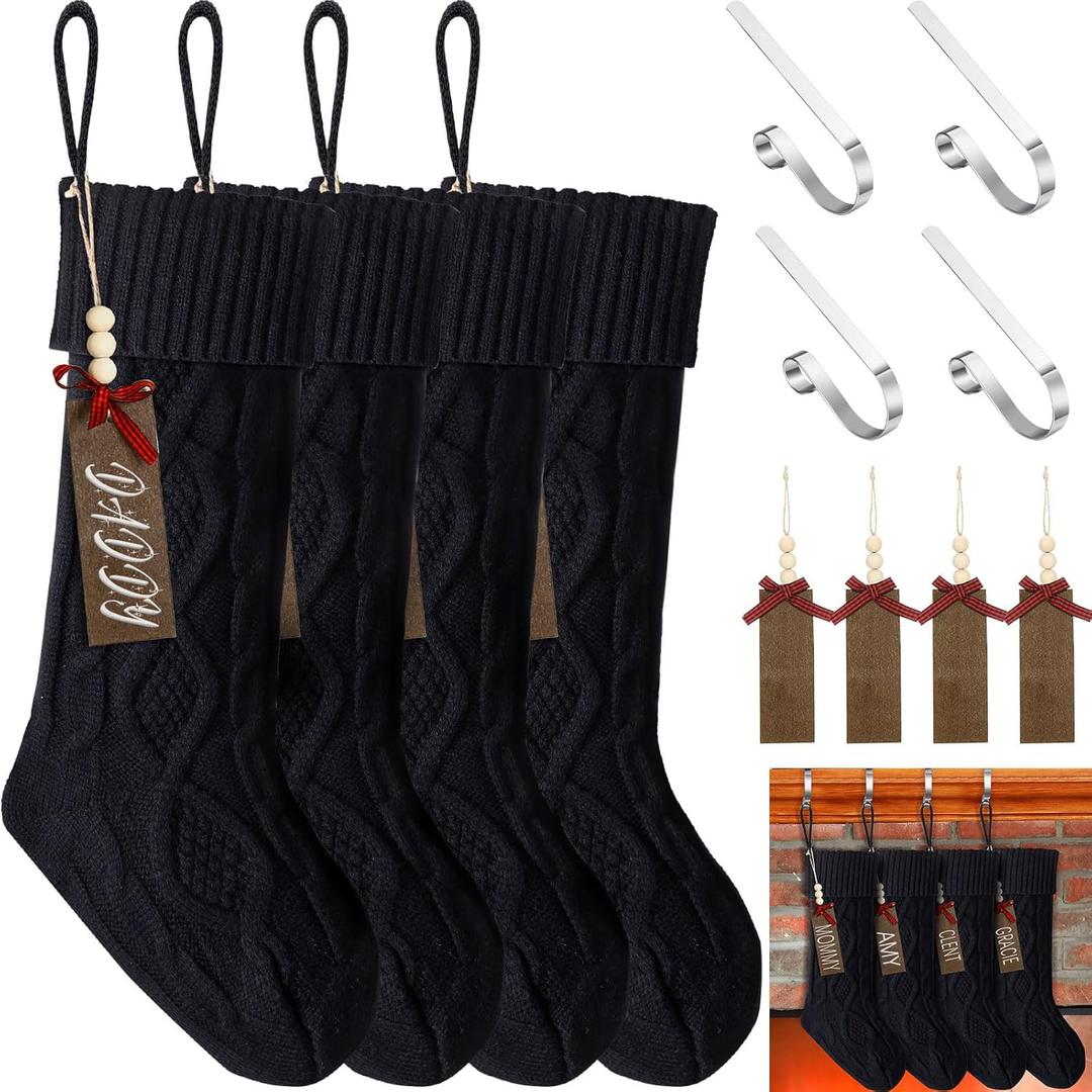 Zubebe 4 Sets 18 in Knitted Christmas Stockings Kit, Metal Stocking Holder and Name Tags Large Knit Xmas Stocking with Marker Pen for Family Holiday Xmas Party Fireplace Mantel Decor (Black)