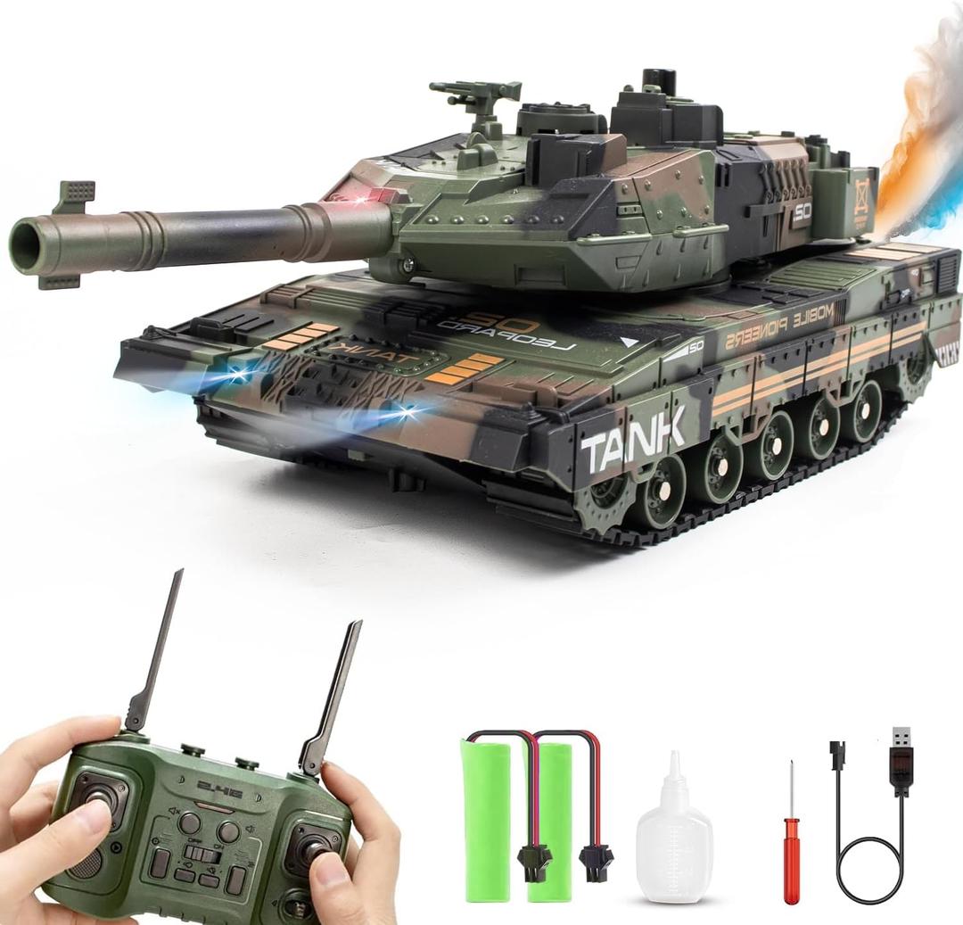 RC Tank that Shoots for Kids - 2.4Ghz Remote Control Army Tank Toys with Auto Demo Sound Light Smoke - 13 Channel Military Vehicles Model Gift for Adults Boys Age 6-8 9-12, Army Green