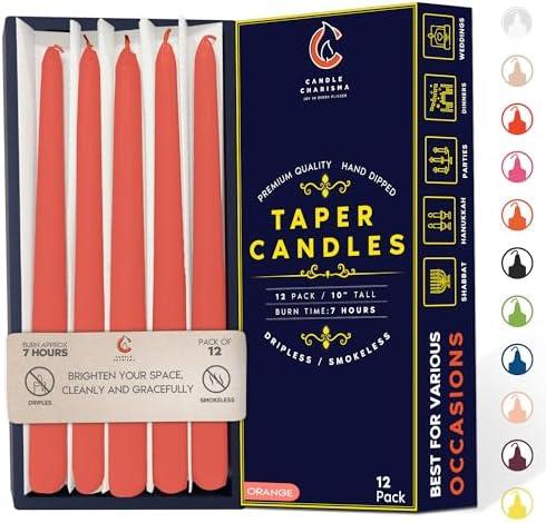 Vibrant Orange 10 Inch Taper Candles - Pack of 12 Premium Unscented, Dripless & Smokeless Hand-Dipped Candles for Birthday, Wedding or Dinner Decorations and Formal Candlelighting