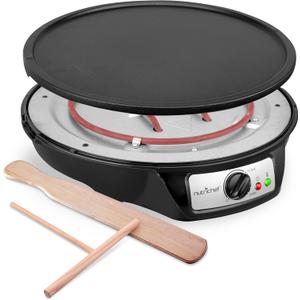 nutrichef Electric Crepe Maker & Griddle - Easy Clean Detachable Cooktop - Cooks Crepes, Bacon, Tortillas & Omelets - 12inch Cook Area with Adjustable Temperature - Includes Spatula & Batter Spreader