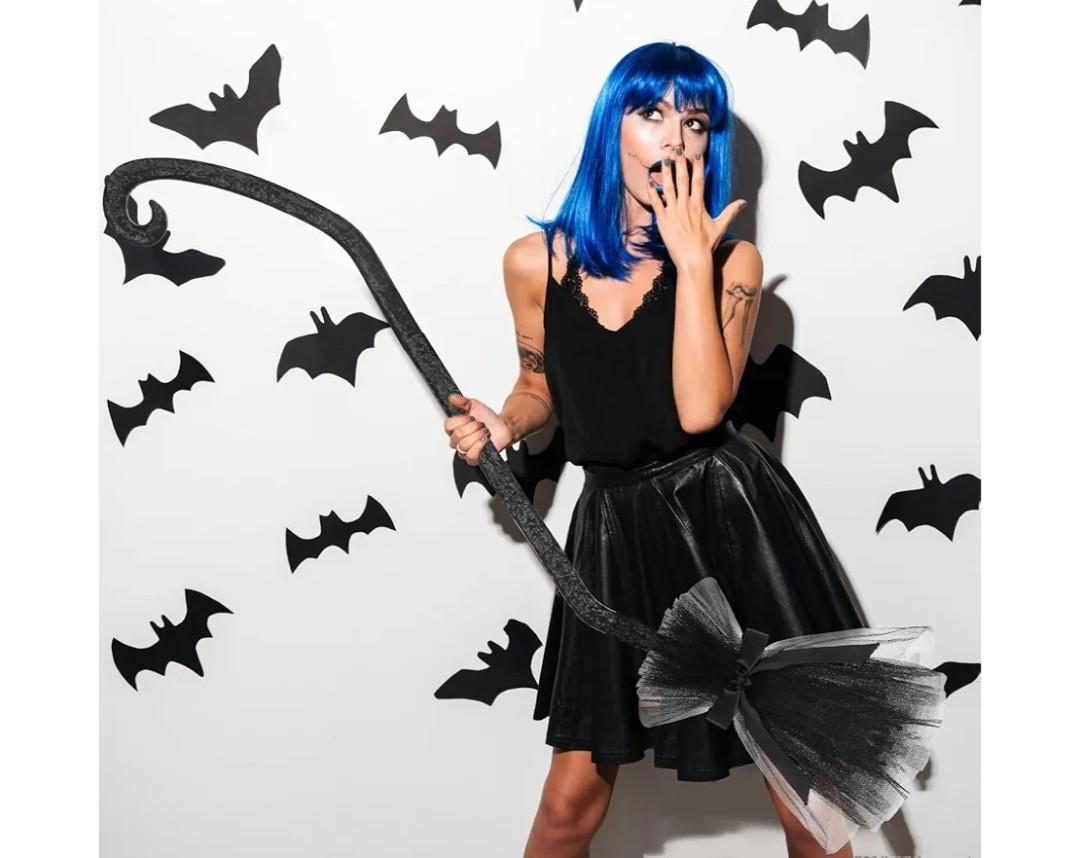 Lenwen 3 Pcs Halloween Witch Broom Plastic Witch Broomstick with Ribbons for Women, Halloween Party Costume Accessories(Black)