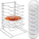 Zhehao Pizza Rack 8 Tiered Pizza Stand 16.7'' H x 12'' L x 12'' W and 8 Pcs 12'' Pizza Pans with Holes, Aluminum Pizza Baking Set for Easy Storage and Baking Multiple Pizzas