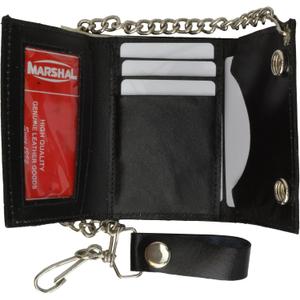 BLACK GENUINE LEATHER Trifold Biker's Wallet ID Card Holder w/Chain Skull