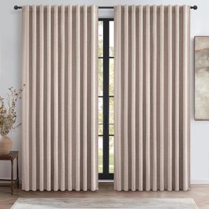 Extra Wide 70 Inch Blackout Curtains 96 Inches Long for Living Room, Rustic Boho Room Darkening Textured Linen Pleated Dining Room Insulated Ceiling Track Window Drapes 70"W x 96"L 2 Panels