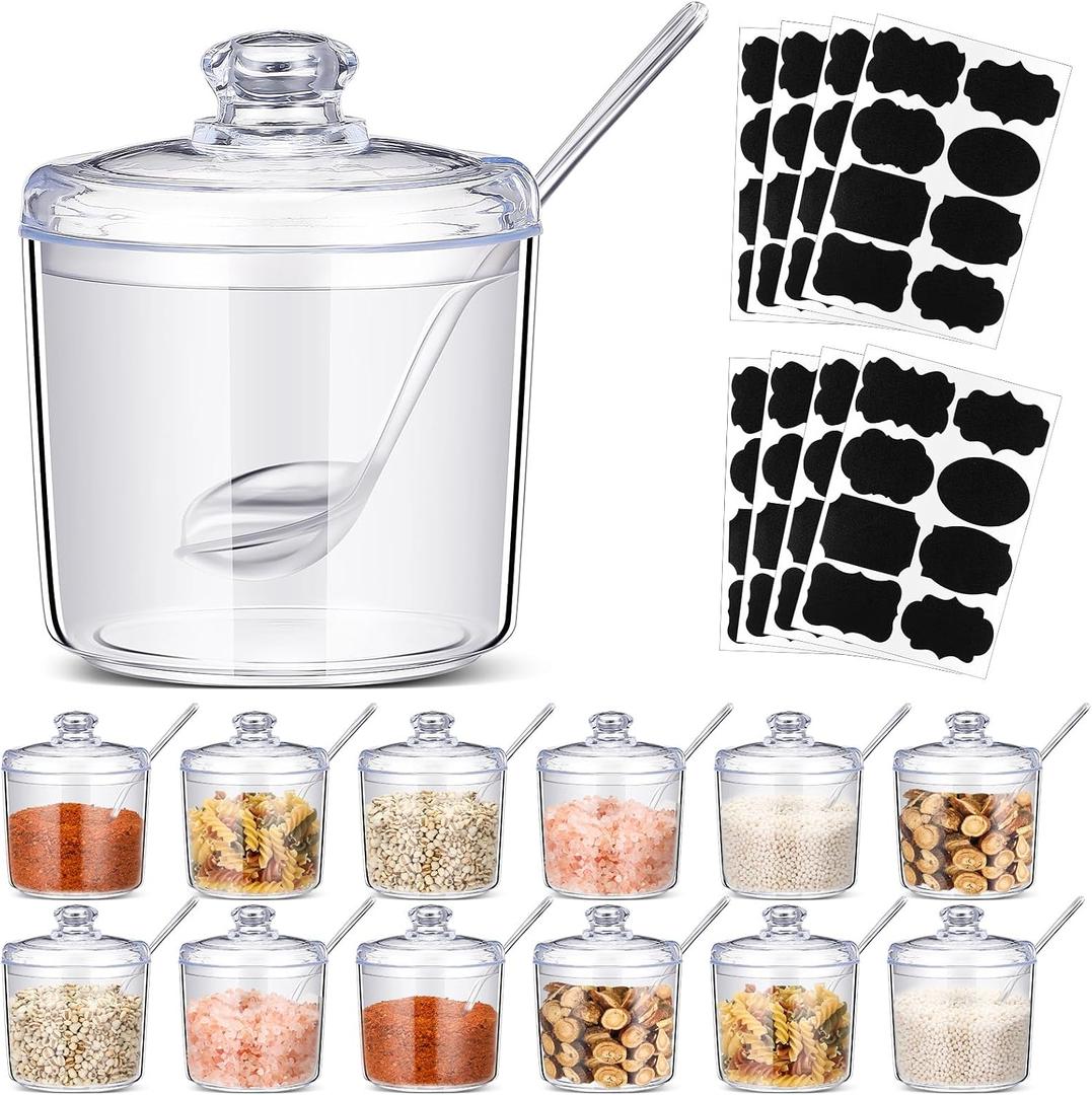 Tioncy 12 Pcs Ice Cream Bar Supplies Sugar Bowls with Lid and Spoon Acrylic Candy Dispenser Party Bar Hot Cocoa Sundae Caramel Apple Dipping Container with Tag (13 oz,Clear)