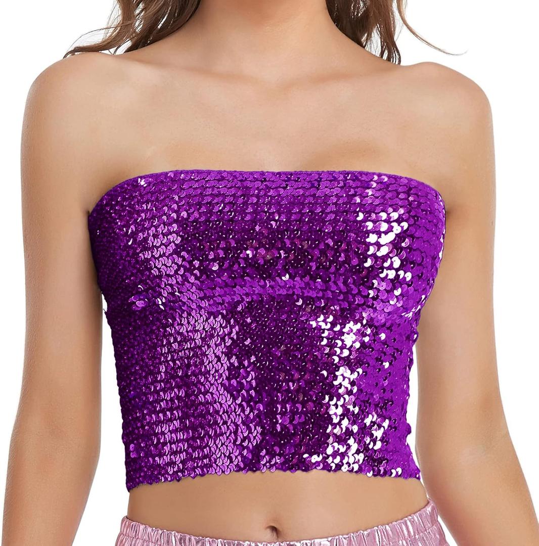 Womens Sparkly Sequin Mermaid Crop Tops, Strapless Metallic Tube Tops for Party Clubwear (Medium, Purple)