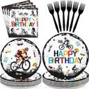 96Pcs Bicycle Birthday Party Decorations Mountain Bike Road Birthday Plates and Napkins Sets Sports Bicycle Racing Decorations for Boys Teens Adults Sports Bike Lover Bday Party Supplies Serves 24