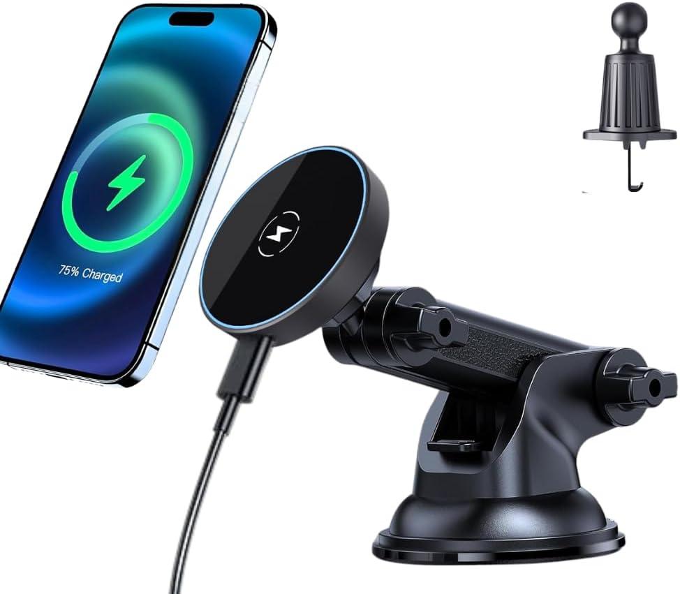 2025 Compatible with iPhone and Android Car Mount Charger for MagSafe 3-in-1 Wireless Fast Charging with Magnetic Suction Cup Mount for Windshield, Vent, or Dash, Type-C Input, 15W Output Power
