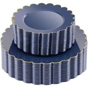 LIYH 60 Pcs Navy Blue Plastic Scalloped Plates with Gold Rim, Dark Blue Disposable Plates for Party Included 30 Dinner Plate 10.25 Inch, 30 Dessert Plate 7.5 Inch Elegant Dishes Tableware
