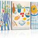 3pcs Blue Striped Dining Room Food Wall Art Funky Kitchen Wall Decor Pictures Vintage Kitchen Plant Posters Prints Pasta Night Painting for Dining Room Kitchen Home Decoration 12x16in Framed (Canvas)