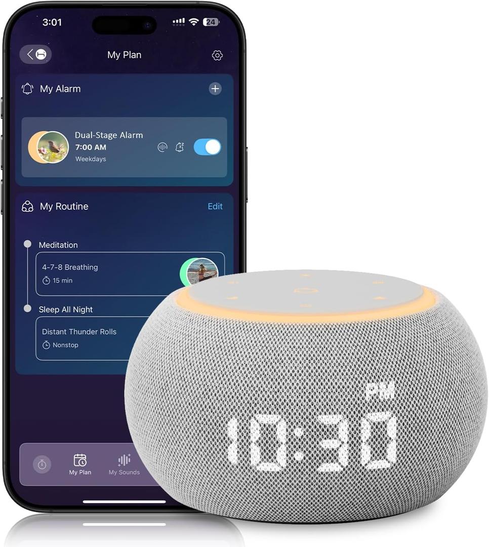 Santebee Sound Machine for Sleep White Noise Machine for Adults Night Light, Luna Pro 507 Soothing Sounds, Dual-stage Alarm&Snooze, Smart App Control Custom Buttons, Dimmable Clock Timer for Baby Kids (Grey)