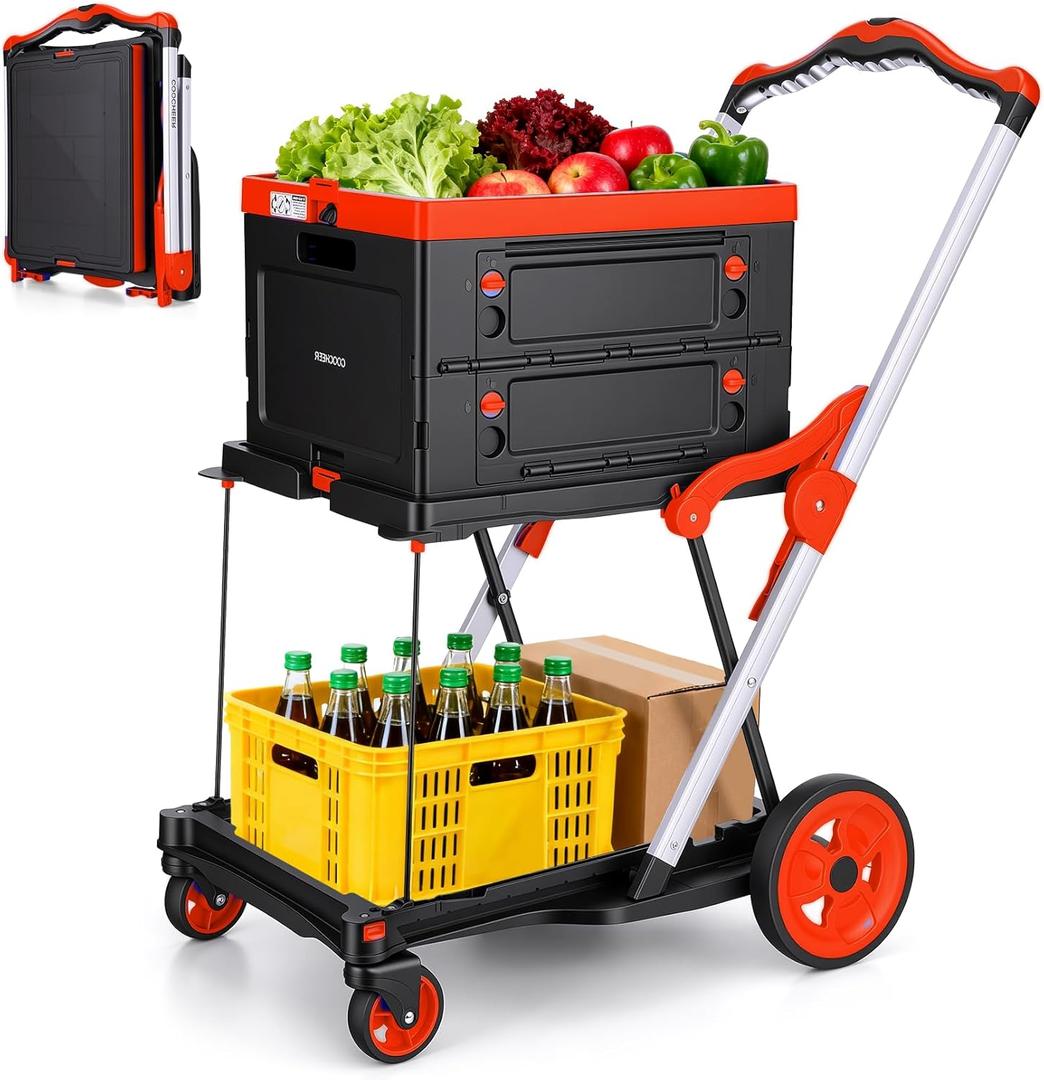 200lb Folding Hand Truck Shopping Cart, 360 Swivel Wheels with Brakes,Red