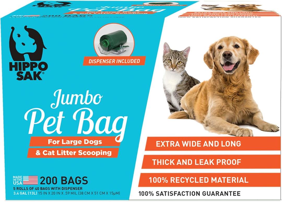 Hippo Sak Extra Large Pet Poop Bags with Dispenser, 200 Count, for Large Dogs and Cat Litter Scooping (200)