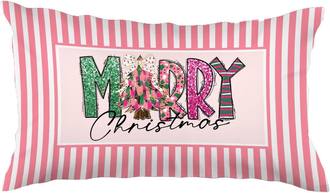 Pink Merry Christmas Tree 12x20 Pillow Cover, Preppy Christmas Decor, Glitter Coquette Bow Xmas Tree Decorative Lumbar Pillow Covers for Girls Dorm Bedroom Apartment Home
