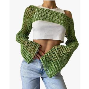 VAOYIU Women's Knit Crochet Crop Tops Long Sleeve Beach Cover Ups Hollow Out Off-Shoulder Y2K Pullover Sweater T-Shirt
,L