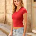Women's Basic V Neck Short Sleeve T Shirts Summer Cute Baby Tee Slim Fit Cotton Tops (Red, M)