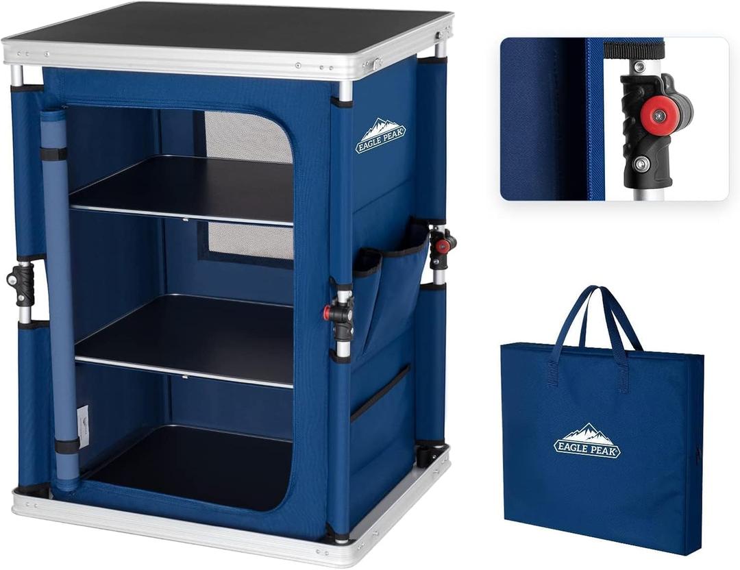 EAGLE PEAK Outdoor Folding Camping Table with Large 3-Tier Storage Organizer and Side Pockets, Easy Set Up Portable Aluminum Camping Kitchen, Blue, 18.9 x 23.6 x 31.5 IN