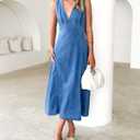 yoeasy Women's Summer Denim Dress Sleeveless V Neck High Waist Trendy Casual A Line Jean Maxi Dress (Blue) S