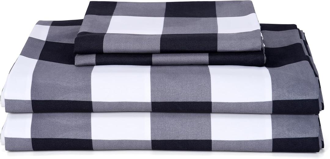Bed Sheet Set 3 Piece -Twin Size-Soft Durable Microfiber Bedding Sheet Set,Deep Pocket,Stain,Fade & Wrinkle Resistant (Plaid Black&Grey&White)