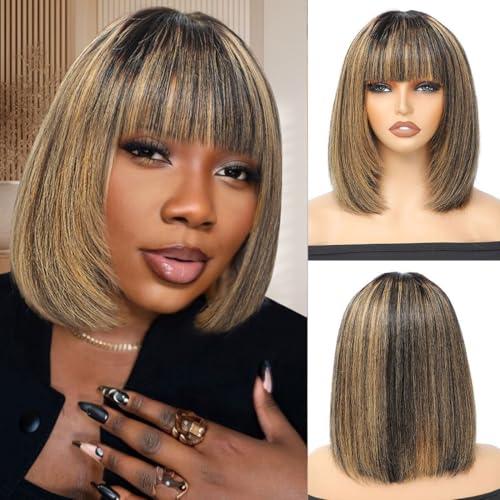 Short Bob Wig with Bangs Human Hair 1B/ 27# Honey Blonde Highlight Wig 2.5x1 Inch Lace Bob Wig Human Hair 180 Density Layered Cut Bob Wig Wear and Go Glueless Wigs with Bangs 10 Inch