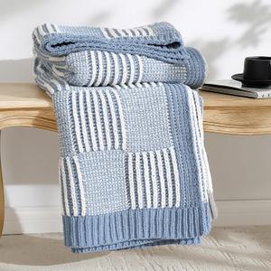 Amlie Home Checkered Knit Throw Blanket for Couch, Chenille Texture Decorative Soft Blanket for Sofa & Chair, 50"x60", Blue & White
