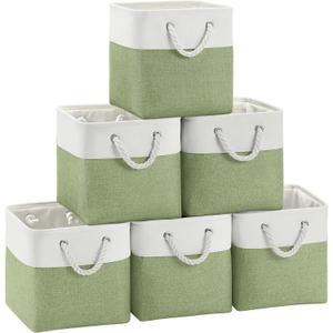 FinishingBo Fabric Cubes Storage Basket, 6 Pack 11x11 in with Handles Cube Storage Bins, for Shelves, Home, Office Organizers (White/ Green)