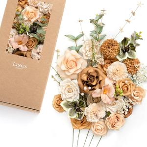 Ling's moment Fake Flowers Box, Faux Artificial Greenery Stems Foam Roses Dahlia Gardenia Tulip Silk Carnation Fabic Flower for Centerpieces Bouquet Wedding Vase, Apricot & Peach, Deluxe Combo
