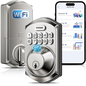 TEEHO TE012W WiFi Smart Lock, Fingerprint Door Lock with Built-in Wi-Fi, Keyless Entry Keypad Smart Deadbolt, App Remote Control, Alexa Compatible, IP55 Waterproof for Front Door – Satin Nickel