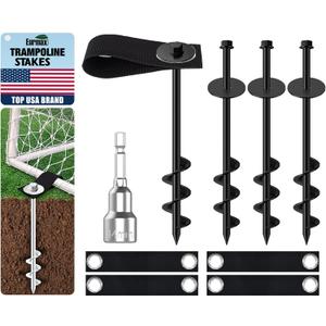 Eurmax USA Ground Anchors Screw in Trampoline Anchors High Wind Tent Stakes Heavy Duty Ground Stakes Trampoline Stakes Anchor Kit Set of 4 Bonus 4 Strong Belt (Black)