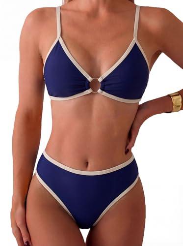 Tainehs Women's Two Piece Bikini Sets O Ring Front Top Ditsy Floral Triangle Swimsuits Cheeky Bathing Suit Navy Blue, M