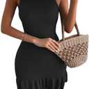 MakeMeChic Women's 2025 Summer Dress Casual Crochet Ribbed Knit Ruffle Hem Sleeveless Bodycon Tank Mini Dresses (Medium, Black)