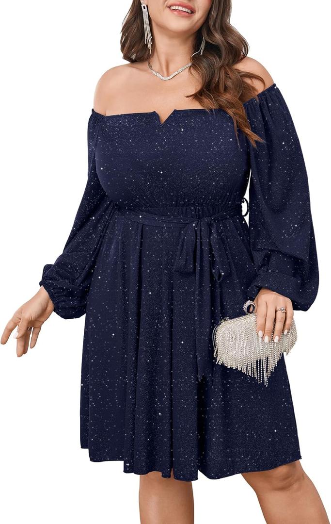 SCOMCHIC Plus Size Womens Sequin Glitter Mini Dress Off Shoulder Long Sleeve A-Line Club Cocktail Party Dresses with Belt, Size XL