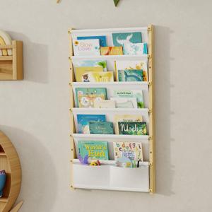 Wood 6-Tier Wall Mounted Kids Bookshelf Floating Book Shelf For Kids Rooms,Nursery & Classroom, Hanging Bookcase Organizer For Books,Toddler Book Shelf, Montessori Bookshelf, Nursery Shelves (Small), 1 Pack