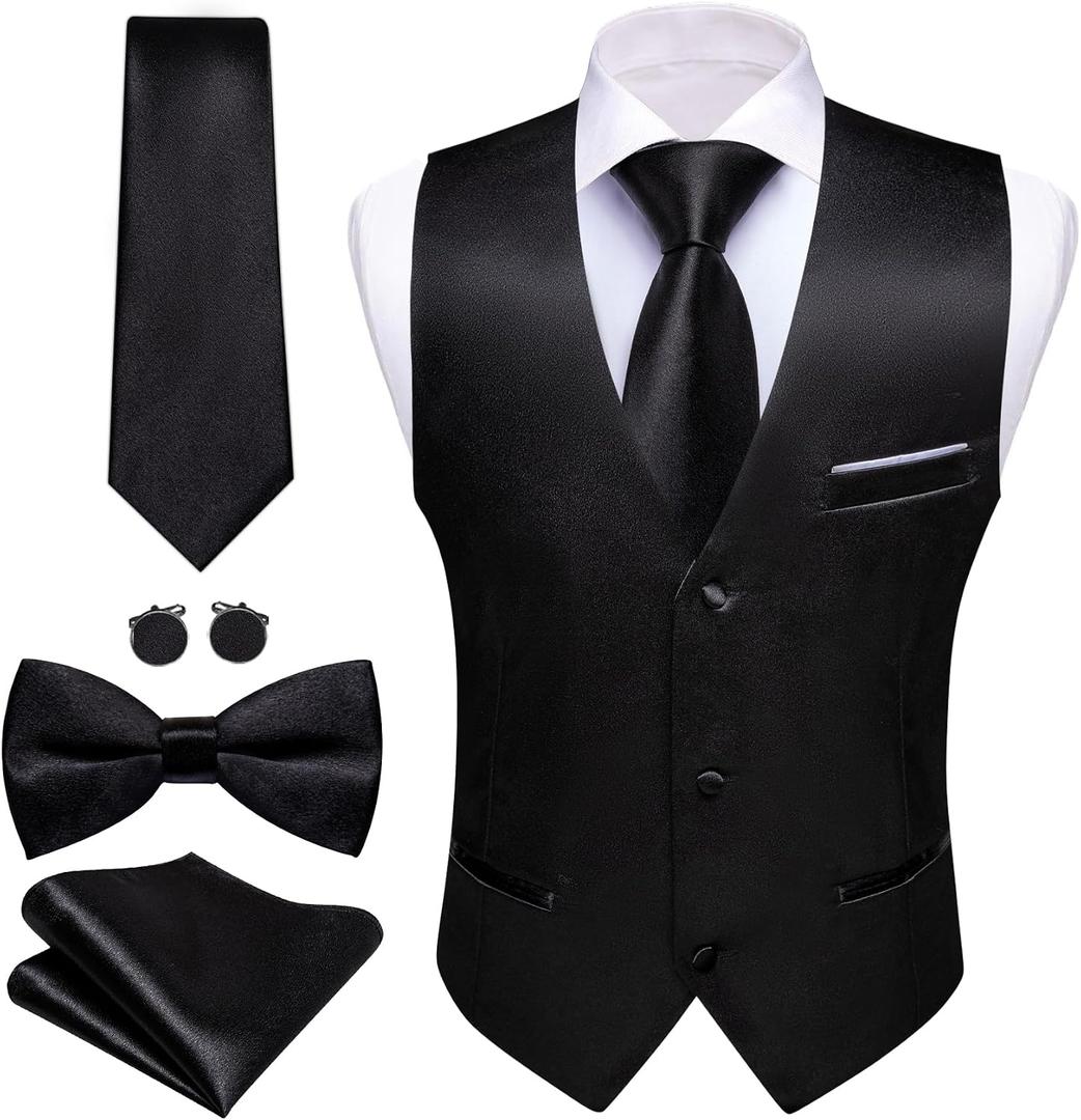 Barry.Wang Mens Formal Business Suit Vest Slim Fit Casual Solid Color Dress Waistcoat Tie Bow Tie Set Wedding Party (L)