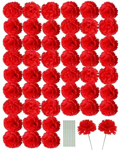 Artificial Carnation Flower, 50pcs Silk Faux Flower Heads with Stem, for DIY Wreath, Wedding Decor, Handmade Flowers, Table Centerpieces, Home Decor, Baby Shower, Graduation Decor (50, Red)