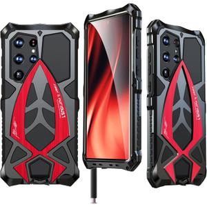 Armor Phone Case for Samsung Galaxy S23 Ultra Military Grade Drop Protection Cover S23Ultra 5G Heavy Duty Hybrid Metal Bumper Built-in Silicone Shockproof Dustproof - Black + Red