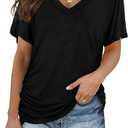 Women's V Neck T Shirts Short Sleeve Summer Casual Loose Dolman Tops with Side Shirring (L, Black)