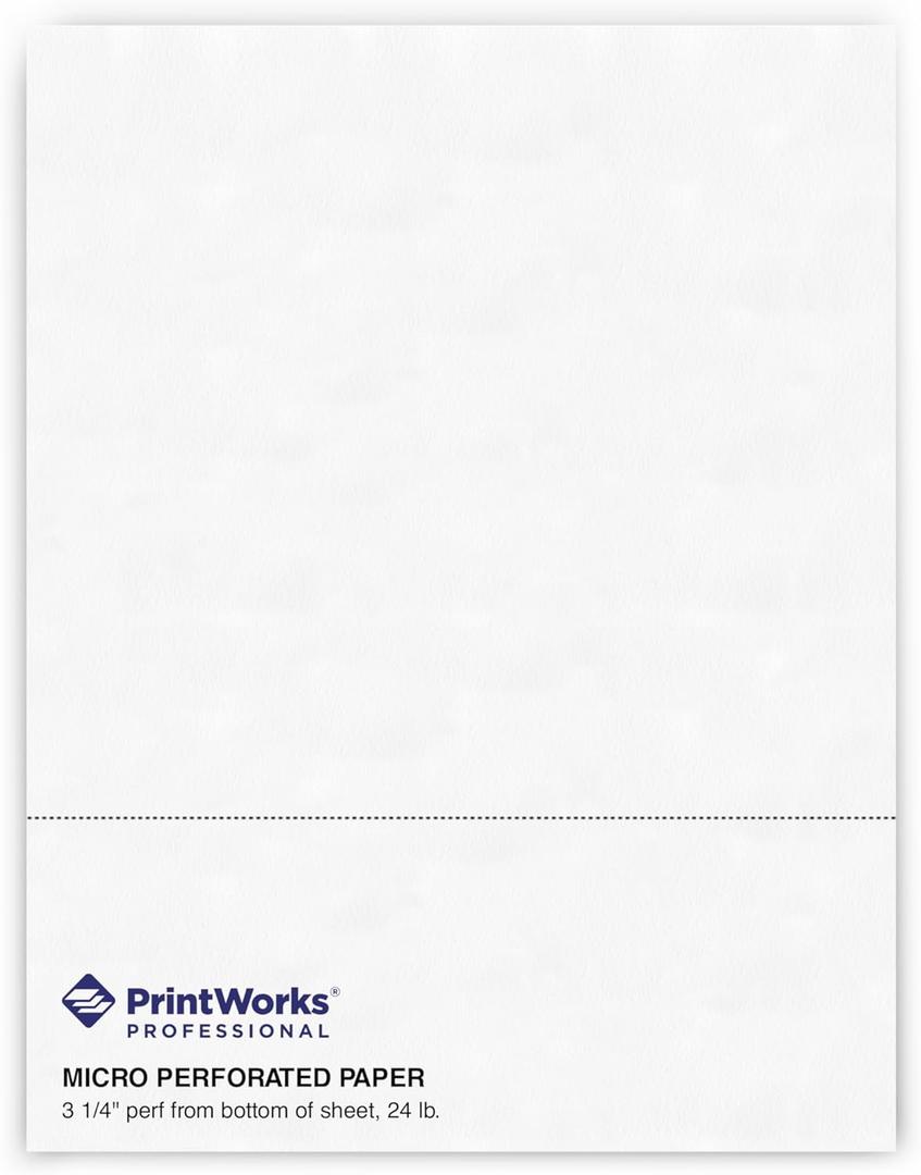 PrintWorks Professional 3 1/4" Horizontal Perforated Paper 8.5 x 11 - Perfect For W-2, 1099, & Statement Use - Made in the USA - 500 Sheets - 20 lb - Printer Compatible - White (04115)