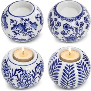 Okllen Set of 4 Blue and White Decor Ceramic Tealight Holders, Chinoiserie Decor Votive Candle Holders for Wedding Party Centerpiece, Holiday Home Table Decor, 1.8" Dx2.75 H