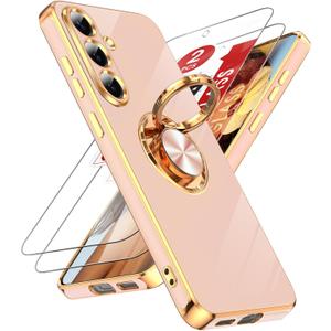 LeYi for Galaxy S25-FE Phone Case: [ ] 1 Pack Tempered Glass Screen Protector and 360 Rotatable Ring Holder Magnetic Kickstand, Plating Rose Gold Edge for Galaxy S 25 FE, Pink