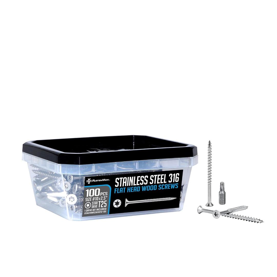 FastenMon #10 x 2-1/2" Marine Grade Type 316 Stainless Steel Wood Screws - 100 Pack with T25 Bit Torx Flat Head Type 17 Point Ideal for Decks, Fences, and Coastal Construction
