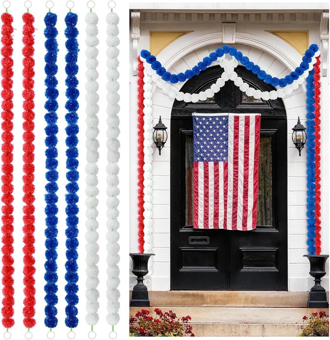 Riceshoot 6 Pcs 4th of July Garland Patriotic Decorations 30 ft Fourth of July Red Blue and White Party Decor Artificial Marigold Flowers for Independence Day Front Door Porch Table Centerpieces