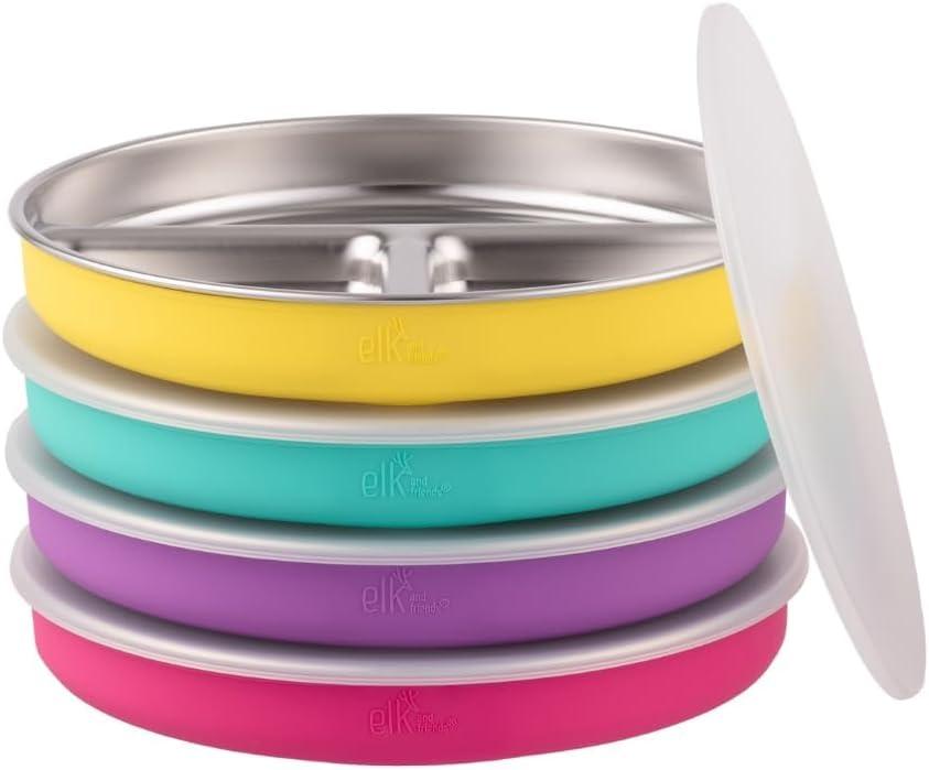 Stainless Steel Divided Plates + Silicone Sleeve and Storage Lid | Baby, Toddler, Kids | Dinner & Snack Plates | 4 Pack (Purple/Pink/Teal/Yellow)
