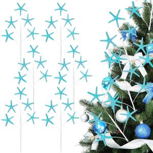 Pinkunn 6 Pcs Blue Coastal Christmas Tree Ornaments 15.74 Inch Starfish Christmas Picks and Spray Beach Artificial Tree Toppers Ocean Branches Twigs Filler for Xmas Vase Crafts Decor