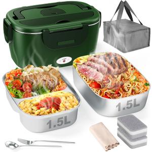 Geveniss Electric Lunch Box for Men, Women & Adults  80W Fast Heating  Heated Lunch Box with Dual 1.5L SS Containers  Portable Food Warmer for Car, Truck, OfficeGN