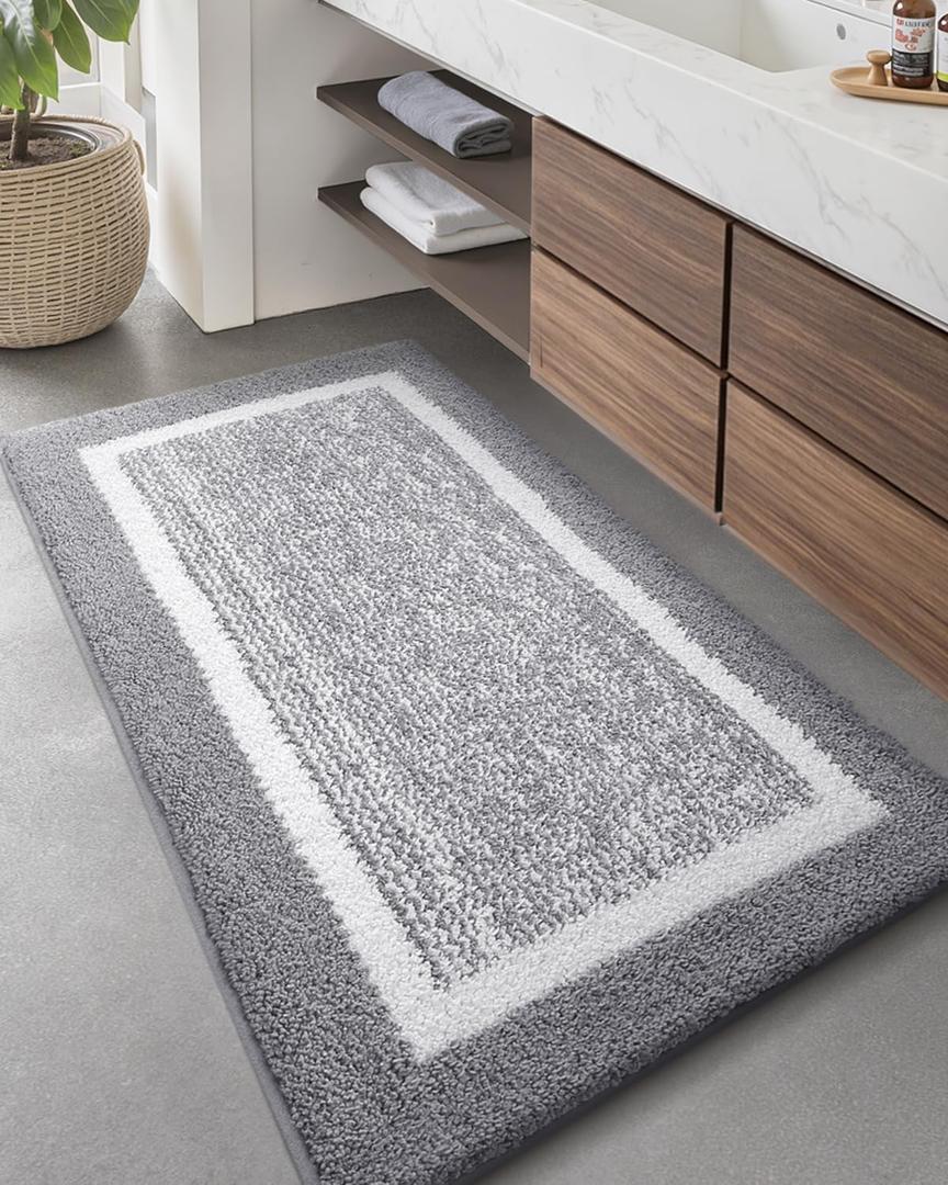 Color&Geometry Simple and Stylish Long Bathroom Rugs Runner Non Slip, 24"x59" Gray Bath Runner Rug, Absorbent, Soft, Washable, Microfiber Bath Mat Bathroom Carpet (Grey White)