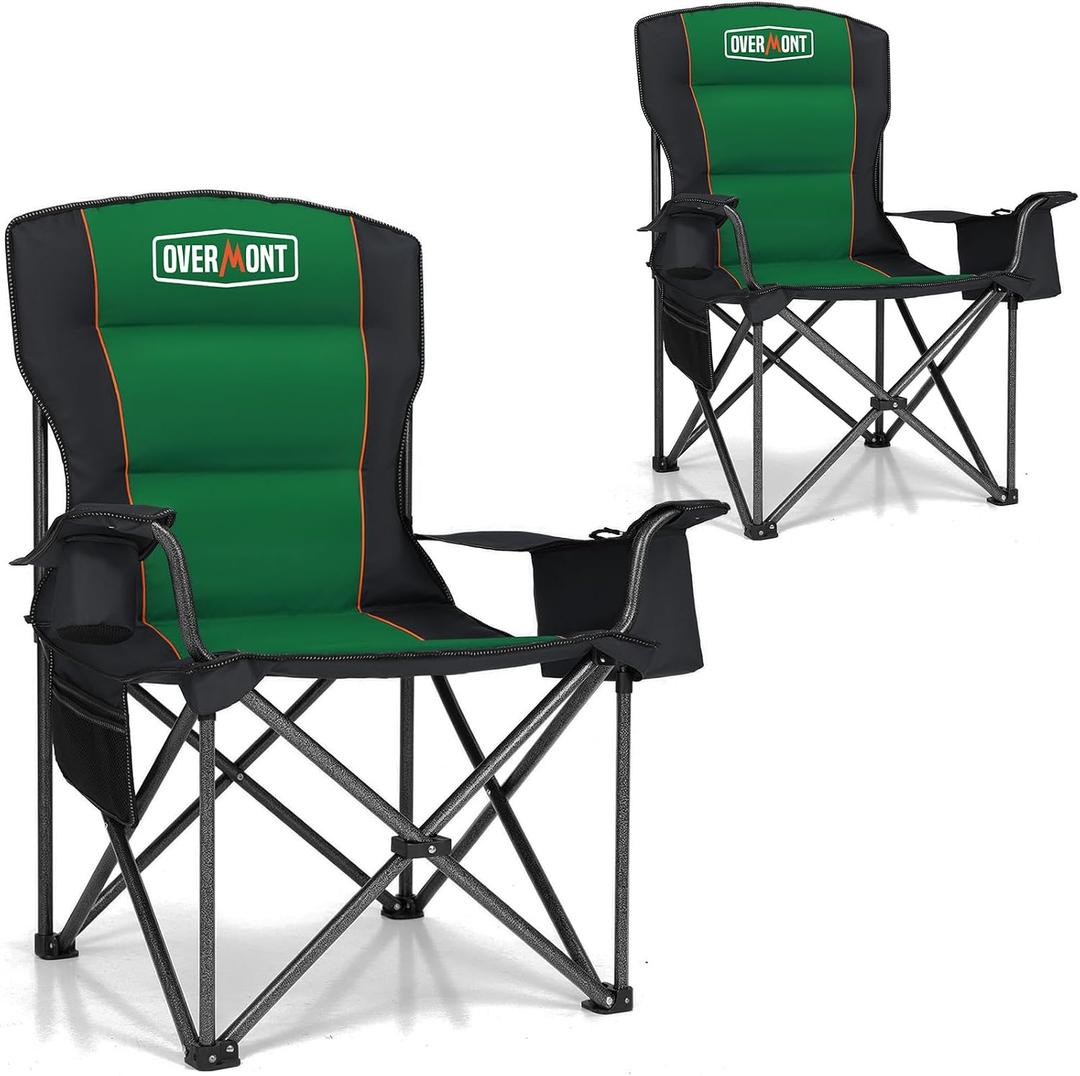 Overmont Oversized Folding Camping Chair - 450lbs Support with Padded Cushion Cooler Pockets - Heavy Duty Collapsible Chairs for Sports Garden Beach Fishing, 2pcs
