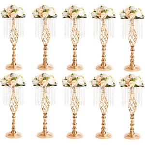 10pcs Gold Metal Flower Vases Crystal Flower Stand Wedding Centerpieces for Tables Party Dinner Event Restaurant Hotel Decoration